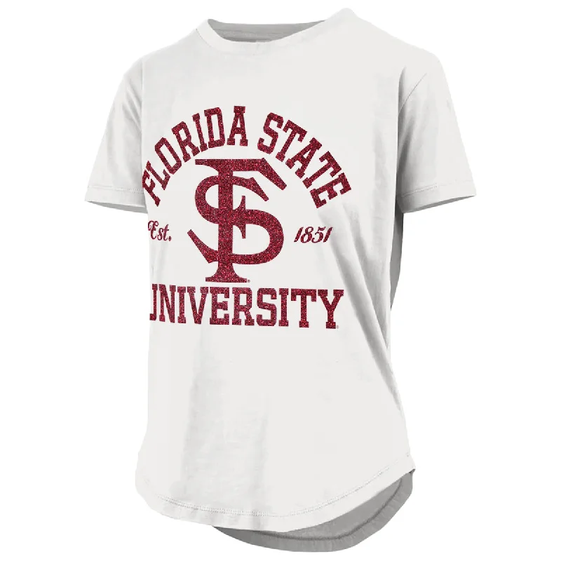 Pressbox Women's Glittered Florida State University FS Design Round Bottom Short Sleeve T-shirt - White