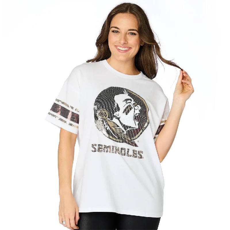 Stewart Simmons Women's Sequin Seminole Logo/Seminoles Design Oversized Short Sleeve T-shirt - White