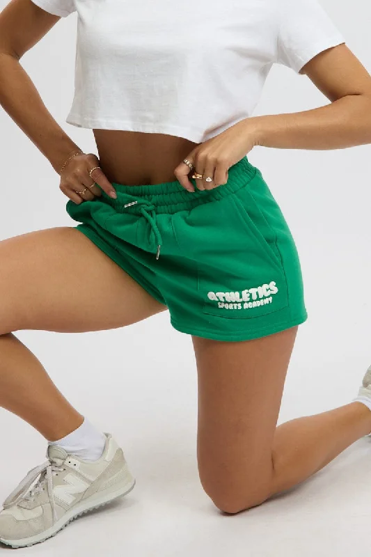 Green Track Shorts High Rise Elastic Waist