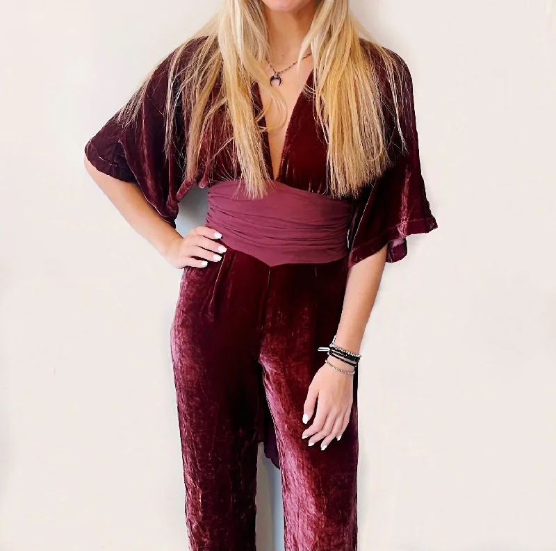 Deep V-Neck Jumpsuit in Burgundy