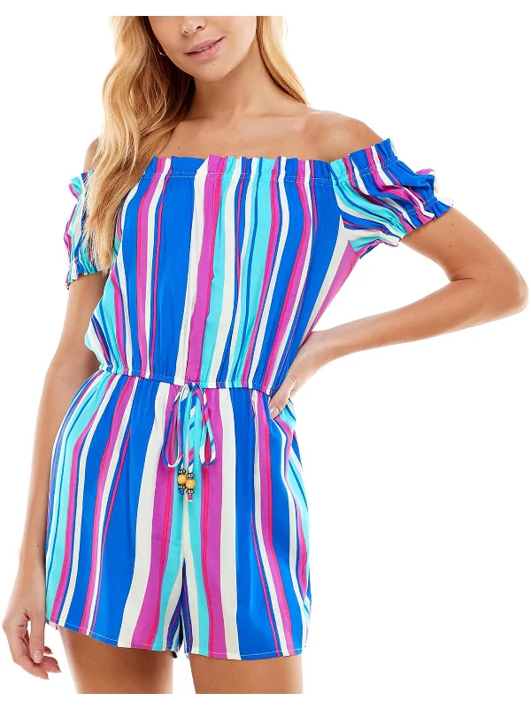 Juniors Womens Striped Off-The-Shoulder Romper