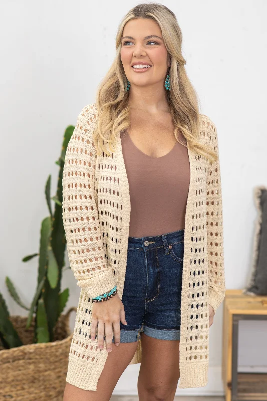 Beige Crochet Mid Length Cardigan