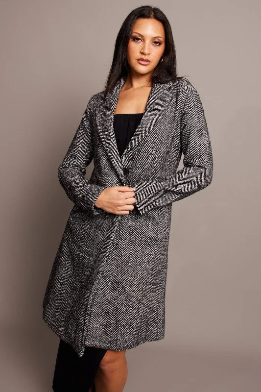 Black Check One Button Coatd Long Sleeve