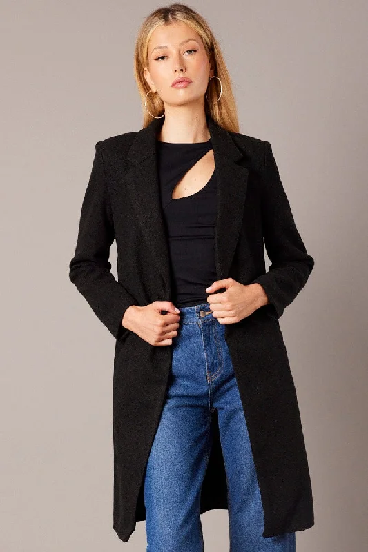 Black One Button Coat Knee Length