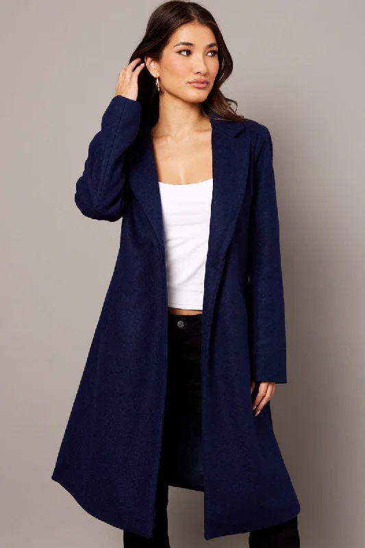 Blue One Button Coat Knee Length