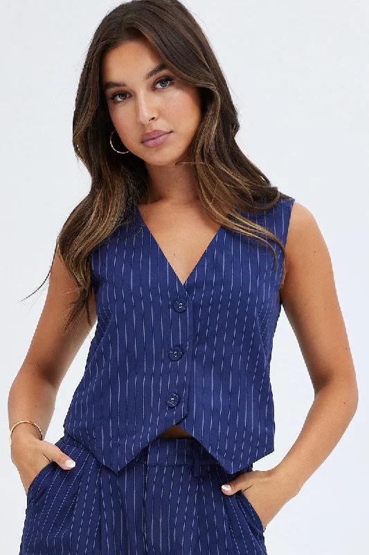 Blue Stripe Top Waistcoat Sleeveless V Neck Button Up Relaxed