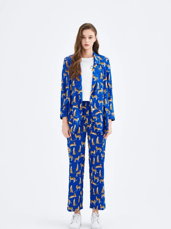 Cobalt Leopard Printed Silk Blazer