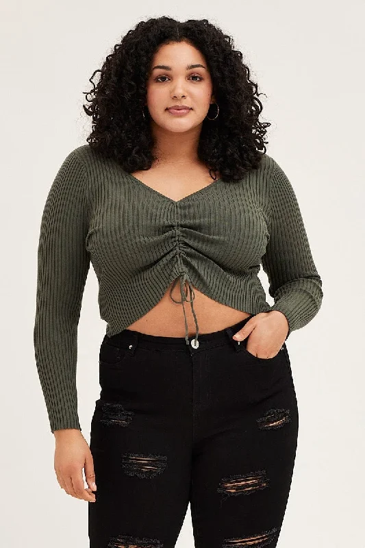 Green V-neck Long Sleeve Ruched Front Crop Knit Top