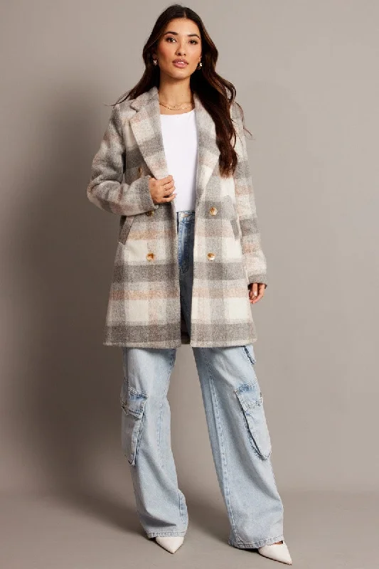 Grey Check Coat Long Sleeve