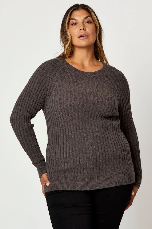 Grey Knit Top Round Neck Long Sleeve Rib Longline