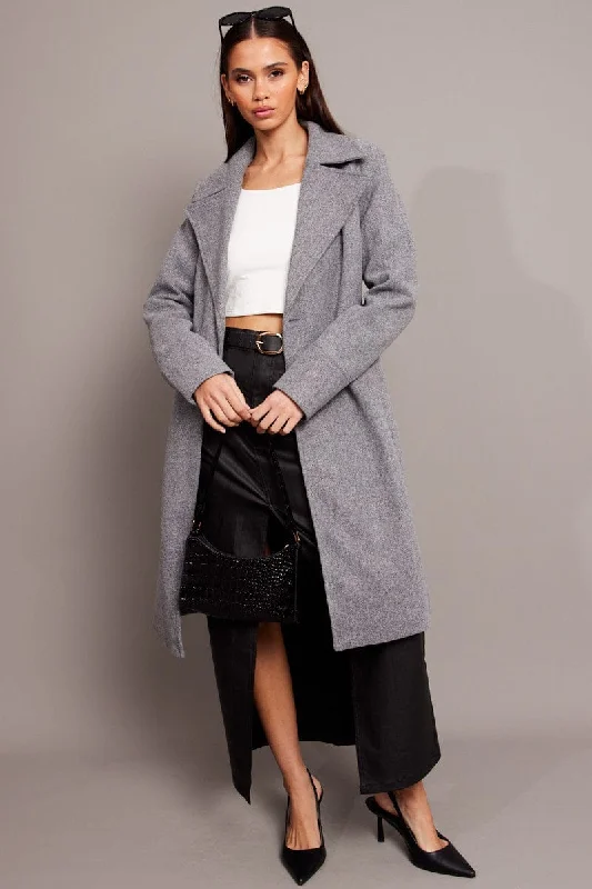 Grey Tie Front Coat Knee Length