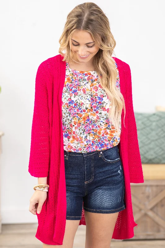 Hot Pink Lightweight Crochet Knit Cardigan