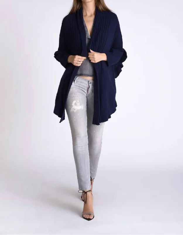 Mademoiselle Fuzzy Draped Cardigan In Navy Ruffle