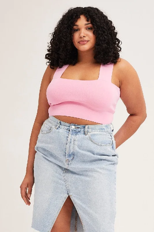 Pink Square Neck Sleeveless Crop Knit Top