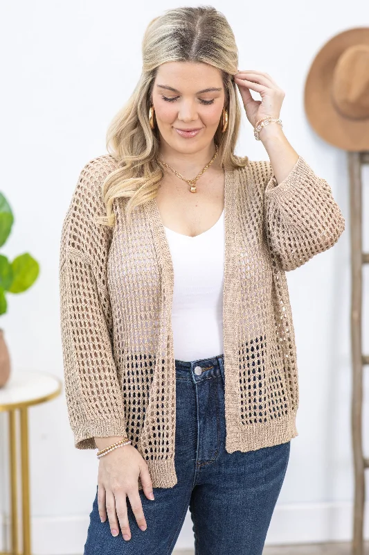 Taupe Crochet Open Cardigan With Lurex