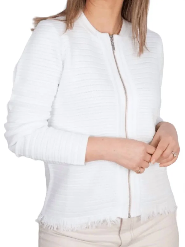 Texture Fringe Zip Cardigan In White