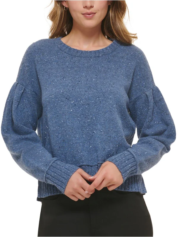 Womens Ribbed Trim Puff Sleeve Crewneck Sweater