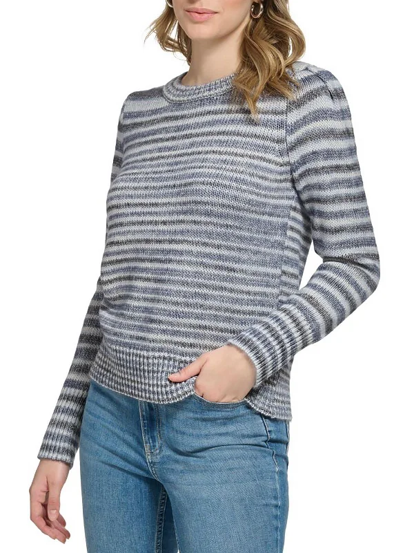 Womens Striped Puff Shoulder Pullover Sweater