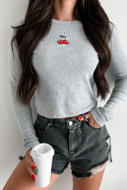 Cherry Picked Embroidered Long Sleeve Top (Heather Grey)