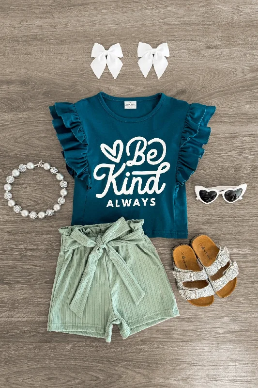 "Be Kind Always" Mint Ribbed Short Set