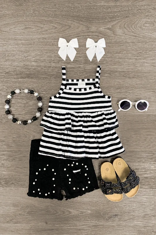 Black Striped Pearl Denim Short Set