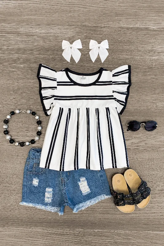 Black & White Striped Ruffle Distressed Short Set