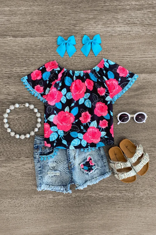 Blue & Pink Rose Denim Short Set