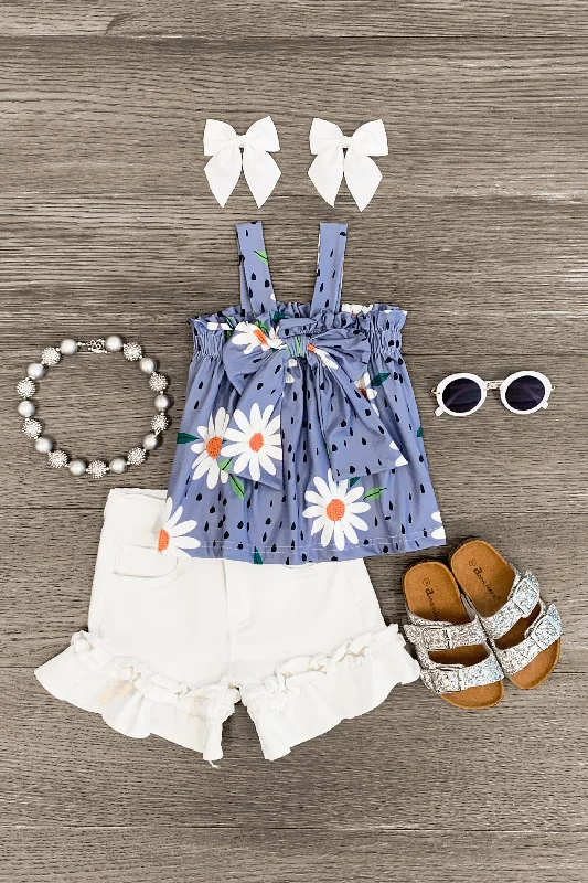 Blue & White Daisy Floral Denim Short Set