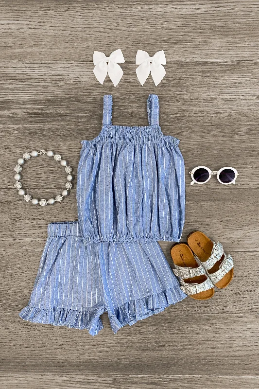 Blue & White Stripe Ruffle Short Set