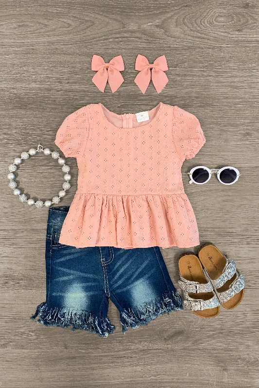 Blush Pink Peplum Denim Fringe Short Set