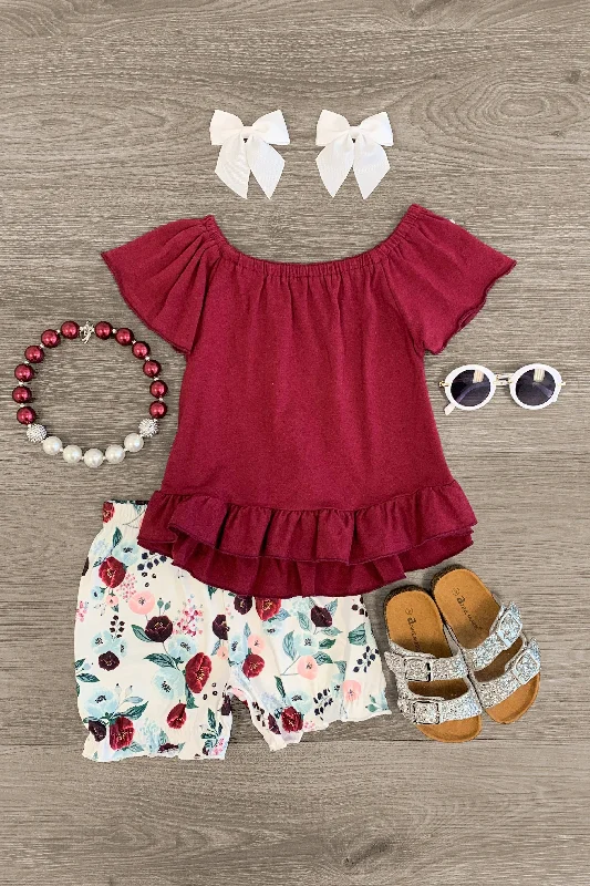 Burgundy & White Floral Bubble Short Set