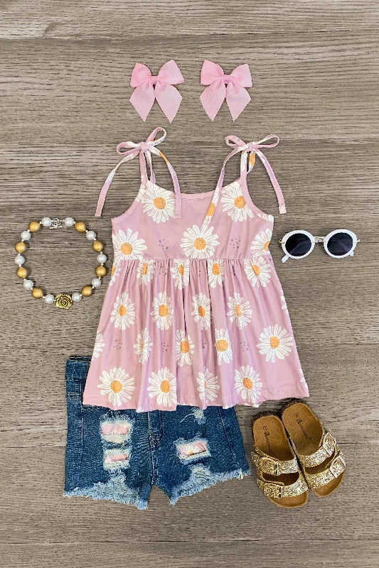 Daisy Tie Tank Distressed Denim Short Set