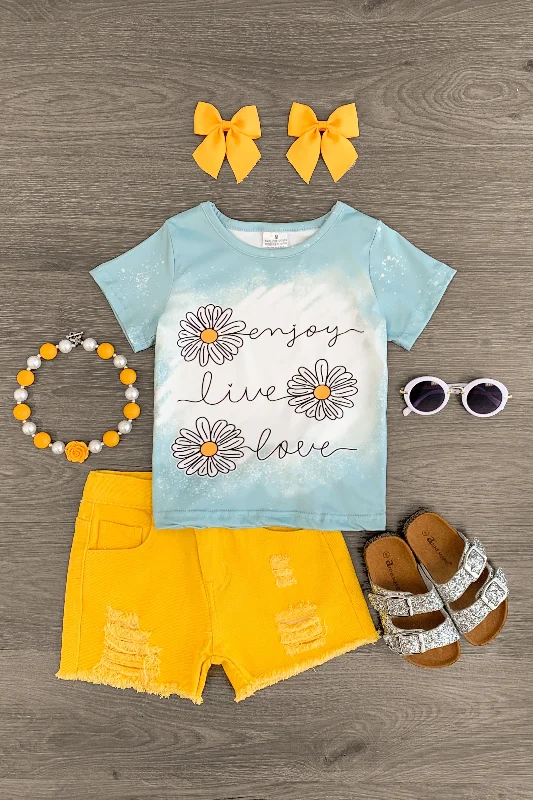 "Enjoy, Live, Love" Blue & Yellow Denim Short Set