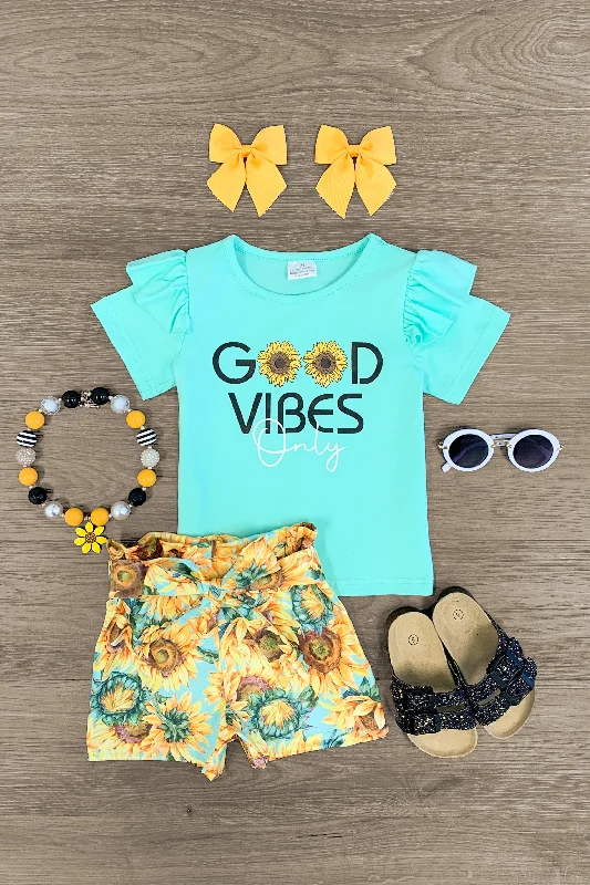 "Good Vibes Only" Mint Sunflower Tie Short Set