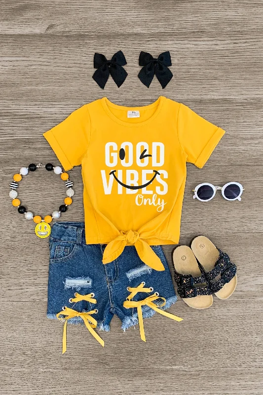 "Good Vibes Only" Mustard Lace Up Denim Short Set