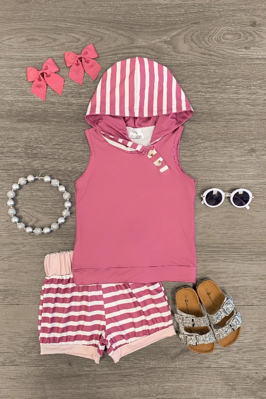 Hooded Mauve & White Striped Lounge Short Set