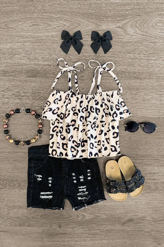 Cream Leopard Tie Shoulder Denim Short Set