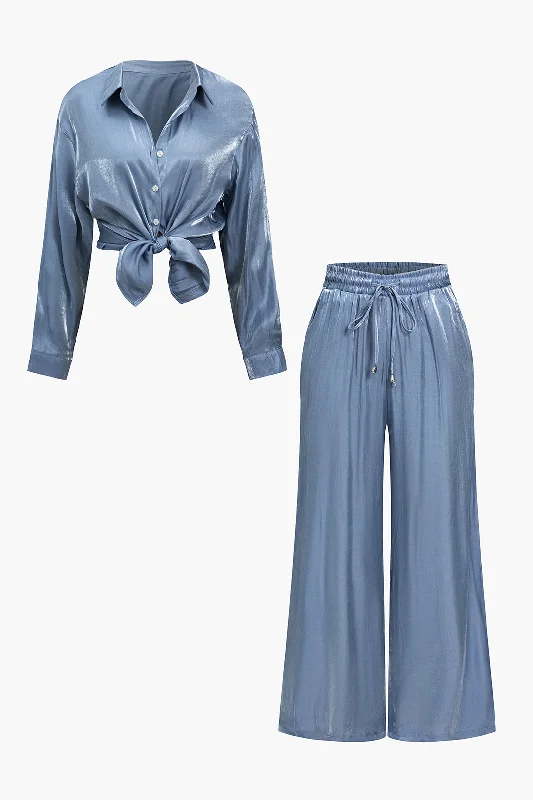 Basic Solid Shiny Shirt And Loose Trouser Set