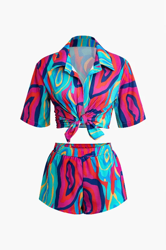 Vibrant Abstract Print Crop Shirt And Shorts Set