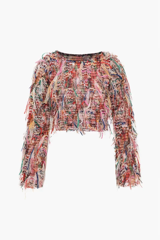 Color Block Print Fringe Long-Sleeve Shirt