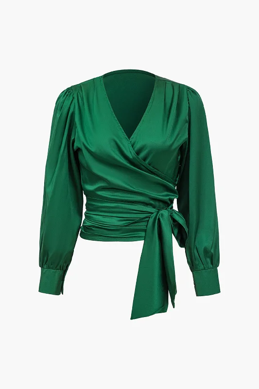 Satin Wrap Tie Waist Long-Sleeve Shirt