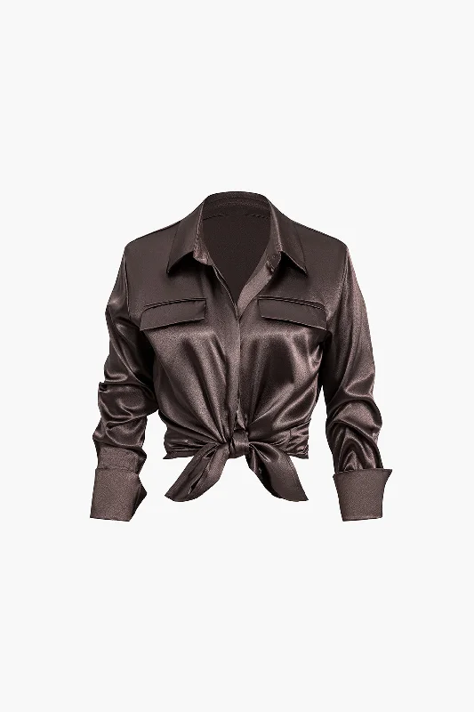 Satin Fake Pocket Long-Sleeve Shirt