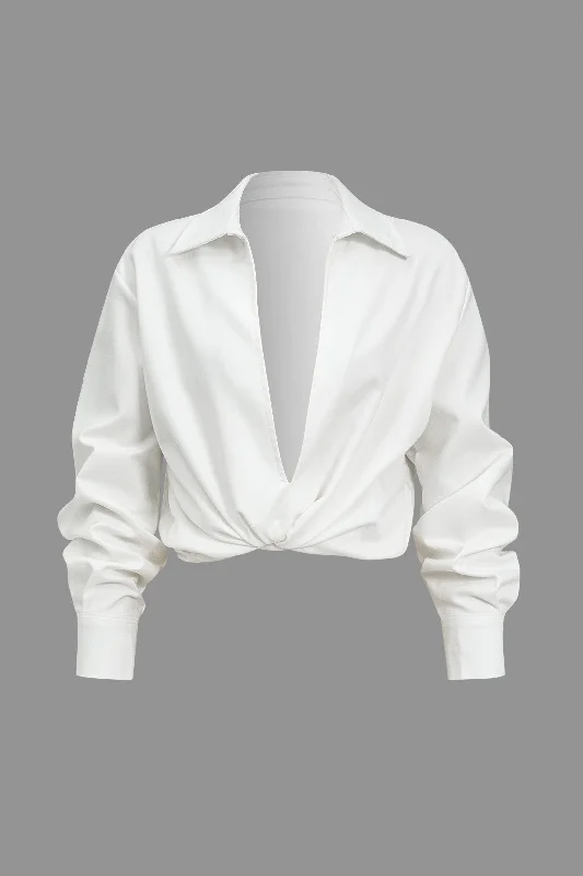 Basic Solid Design V-Neck Long-Sleeve Shirt