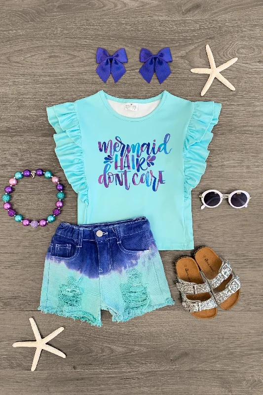 "Mermaid Hair Don't Care" Tie Dye Denim Short Set