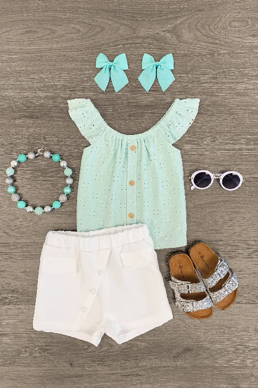 White & Mint Eyelet Lace Short Set