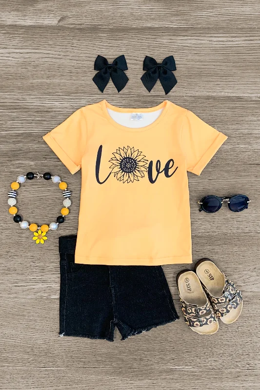 "Love" Mustard & Black Sunflower Denim Short Set