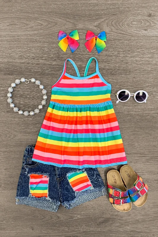 Rainbow Stripe Distressed Denim Short Set