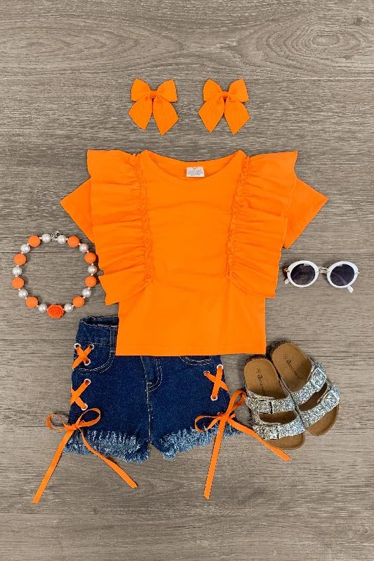 Orange Ruffle Lace Up Denim Short Set