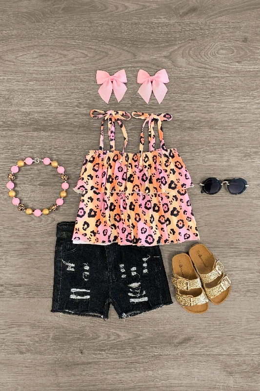 Pink & Orange Cheetah Tie Shoulder Denim Short Set