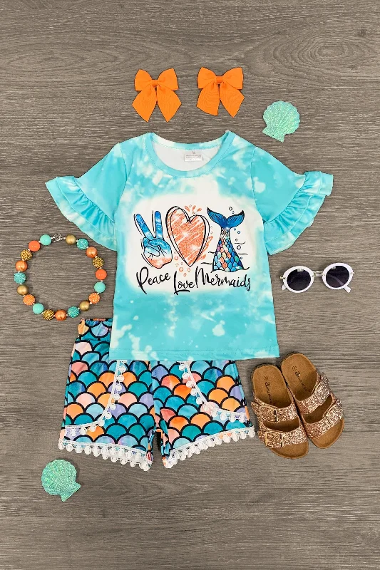 "Peace, Love, Mermaids" Turquoise Short Set